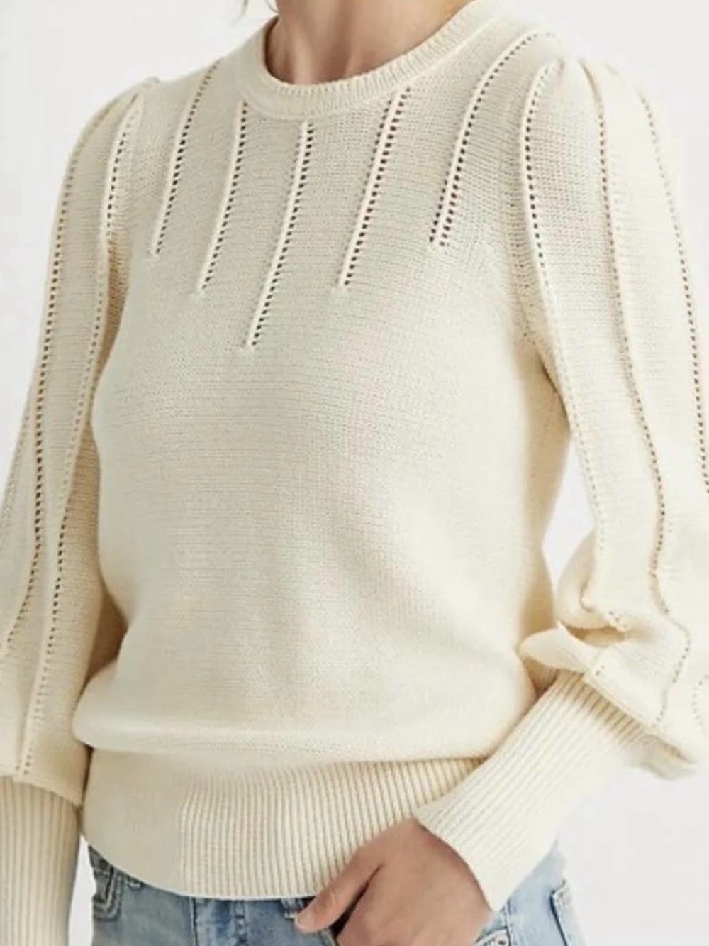 LAUREN Ralph Lauren | Women’s Cream Crewneck Puff-Sleeve Knit Sweater size PM